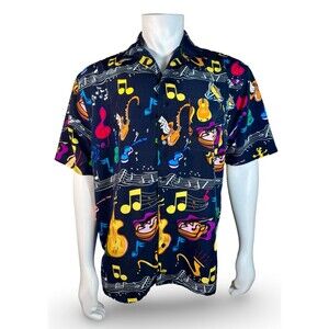 Box Office Island Hawaiian Camp Shirt Guitars Saxophones Music Notes Mens Medium